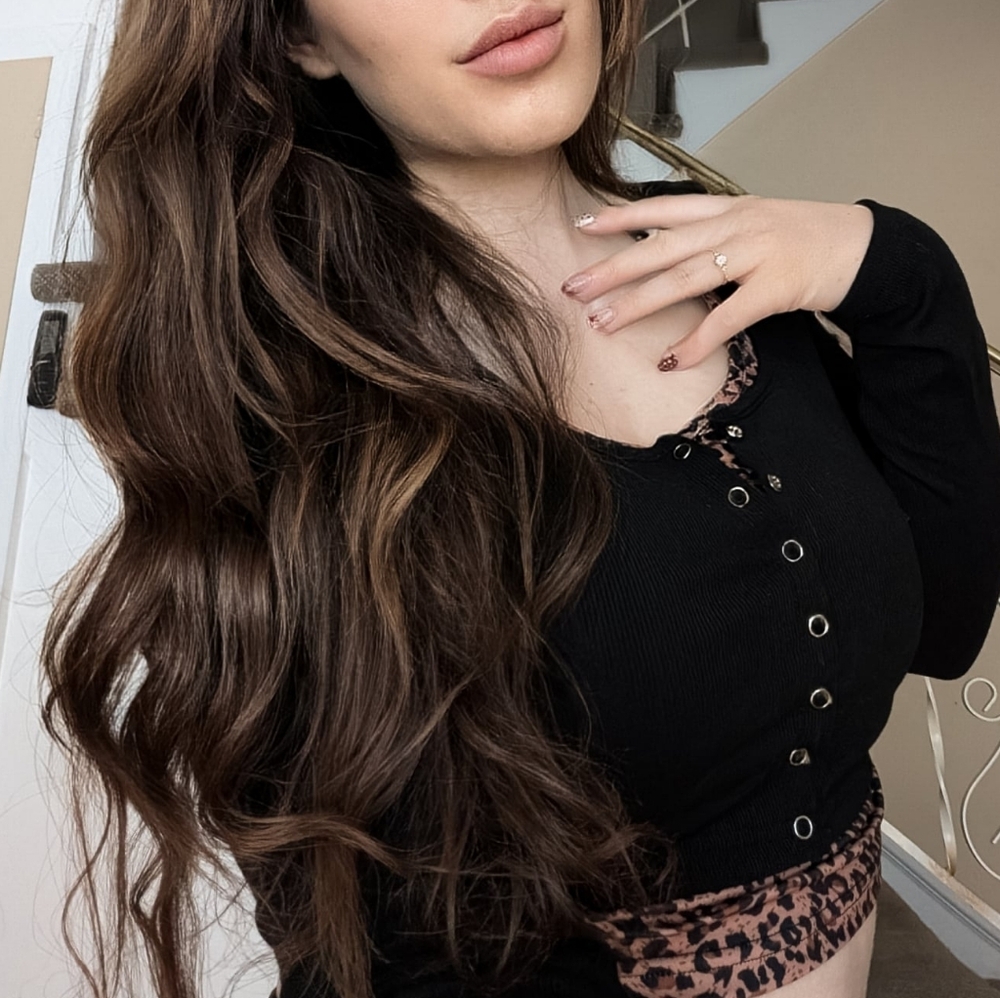 SHEIN Black Cropped Henley Top with Leopard Trim